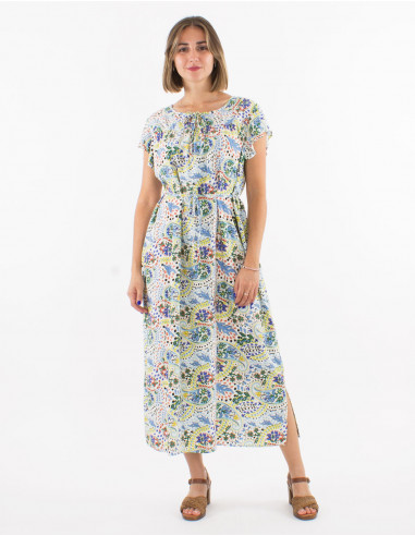 Long viscose dress with short sleeves and "istanbul" print