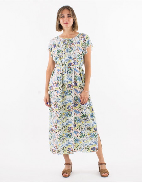 Long viscose dress with short sleeves and "istanbul" print