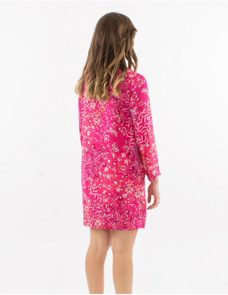 Robe courte viscose boutonnée manches 3/4 retroussables imprimé Influence