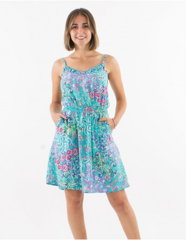 Short viscose dress with straps and "influence" print