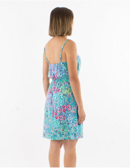 Short viscose dress with straps and "influence" print