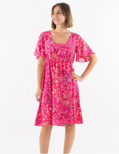 Viscose dress with short sleeves and "influence" print