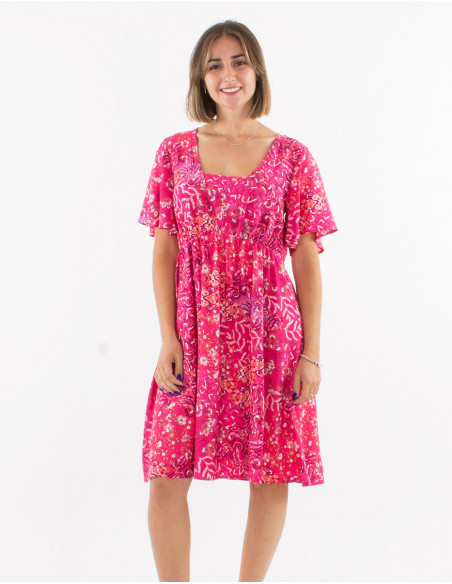 Viscose dress with short sleeves and "influence" print