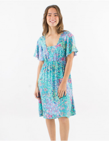 Viscose dress with short sleeves and "influence" print