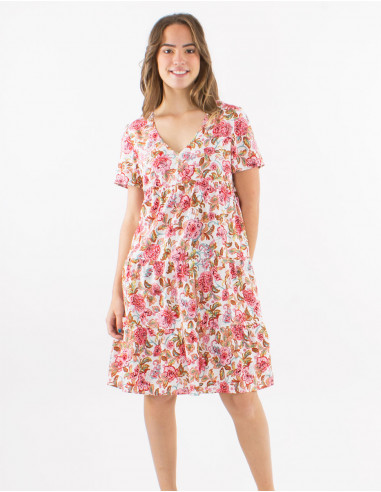 Viscose ruffled v-neck dress with short sleeves and "agra" print