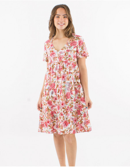 Robe viscose à volants col V manches courtes imprimé Agra
