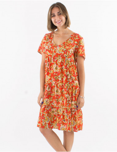 Viscose ruffled v-neck dress with short sleeves and "agra" print