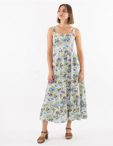 Long viscose smocked back dress with straps and istanbul print