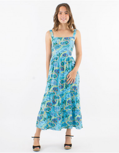 Long viscose smocked back dress with straps and istanbul print