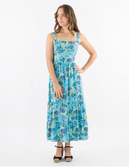 Robe longue viscose bretelles dos smocké imprimé Istanbul