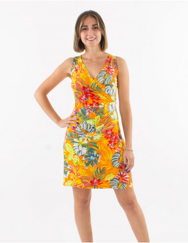 Knitted 96% polyester 4% elasthane sleeveless dress and "jungle" print