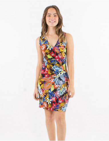Knitted 96% polyester 4% elasthane sleeveless dress and "jungle" print