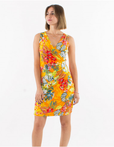 Knitted 96% polyester 4% elasthane sleeveless dress and "jungle" print