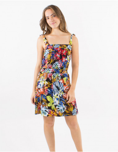 Knitted 96% polyester 4% elasthane dress with straps and "jungle" print