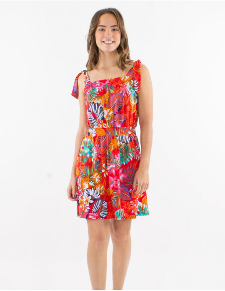 Knitted 96% polyester 4% elasthane dress with straps and "jungle" print
