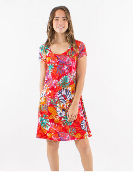 Knitted 96% polyester 4% elasthane round collar dress with short sleeves and "jungle" print