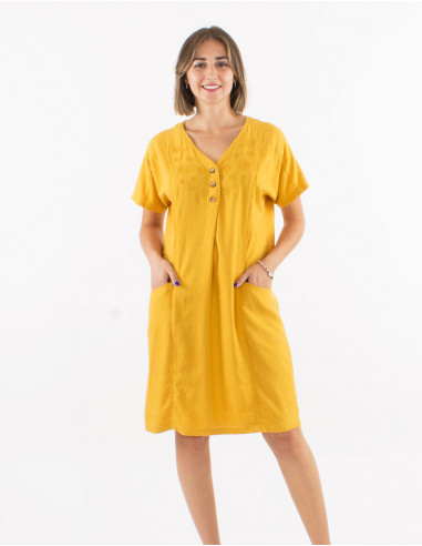 54% linen 46% viscose dress with pockets and short sleeves