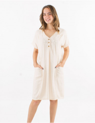 54% linen 46% viscose dress with pockets and short sleeves