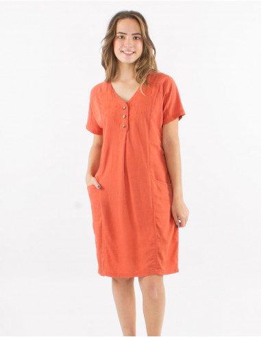 54% linen 46% viscose dress with pockets and short sleeves