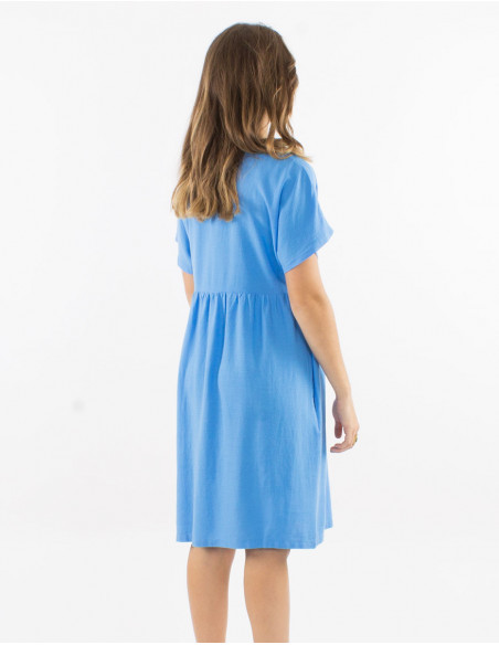 Robe 54% lin 46% viscose col V manches courtes