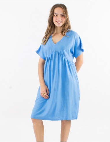 Robe 54% lin 46% viscose col V manches courtes