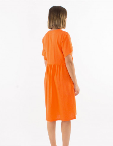 Robe 54% lin 46% viscose col V manches courtes