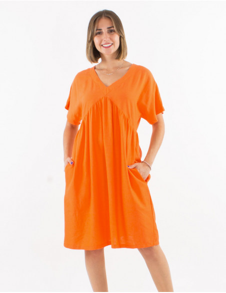 Robe 54% lin 46% viscose col V manches courtes