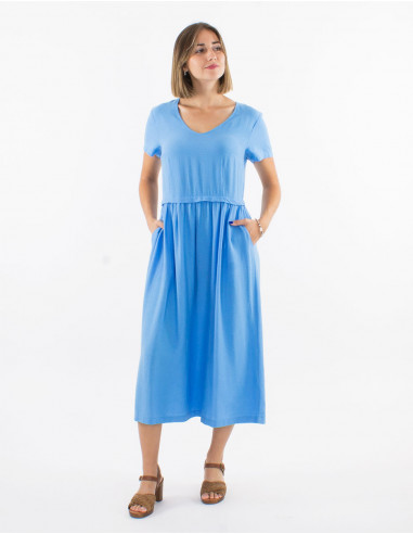 54% linen 46% viscose midi dress with v-neck and short sleeves
