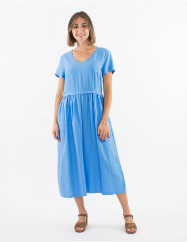 54% linen 46% viscose midi dress with v-neck and short sleeves