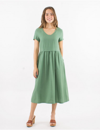 54% linen 46% viscose midi dress with v-neck and short sleeves