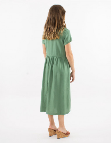 54% linen 46% viscose midi dress with v-neck and short sleeves