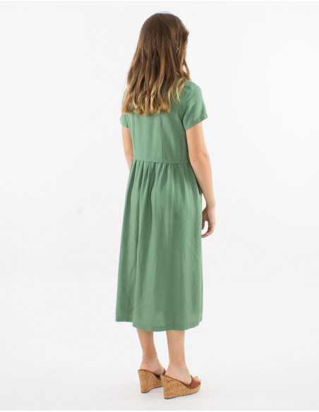 54% linen 46% viscose midi dress with v-neck and short sleeves