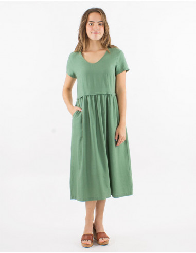 54% linen 46% viscose midi dress with v-neck and short sleeves