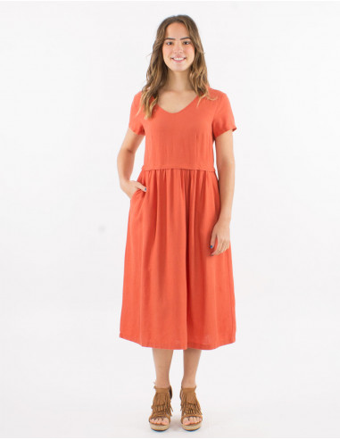 Robe midi 54% lin 46% viscose col V manches courtes