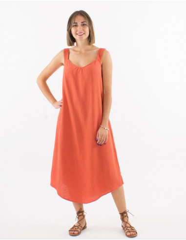 Long 54% linen 46% viscose dress with large knitted straps