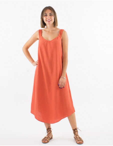 Long 54% linen 46% viscose dress with large knitted straps