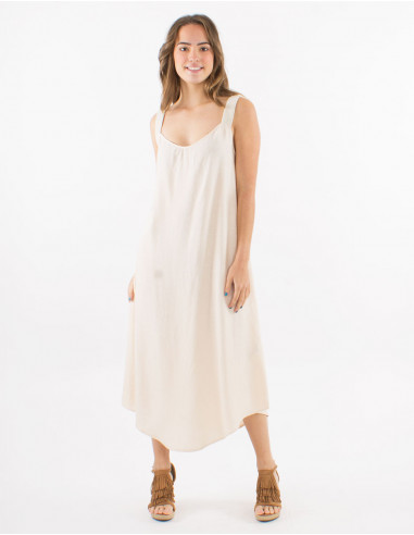 Long 54% linen 46% viscose dress with large knitted straps