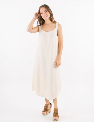 Long 54% linen 46% viscose dress with large knitted straps