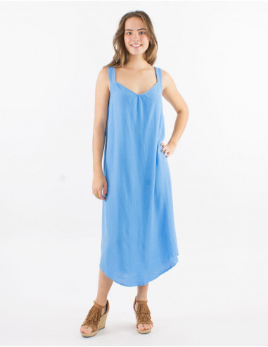 Long 54% linen 46% viscose dress with large knitted straps