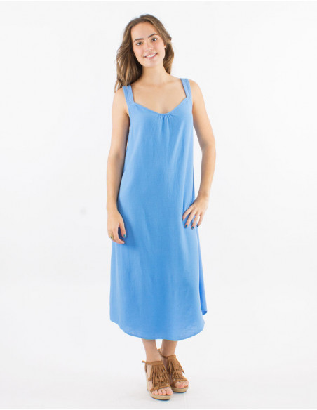 Long 54% linen 46% viscose dress with large knitted straps