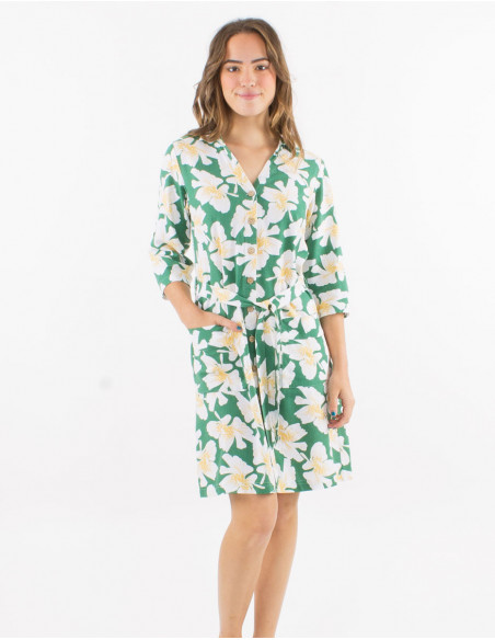 Robe 70% viscose 30% lin boutonnée manches 3/4 retroussables imprimé coquelicot