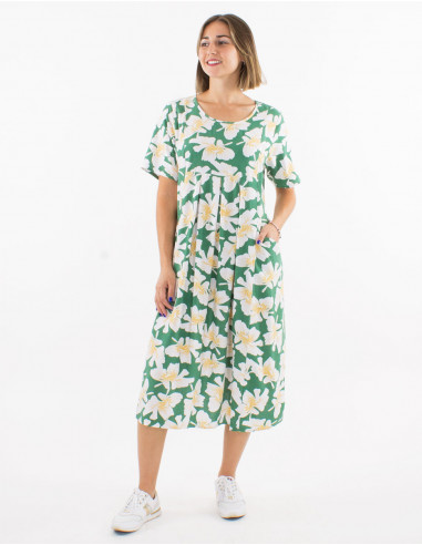 70% viscose 30% linen dress "coquelicot" print with pockets and short sleeves