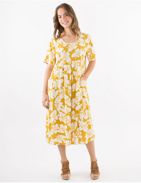 Robe 70% viscose 30% lin avec poches manches courtes imprimé coquelicot