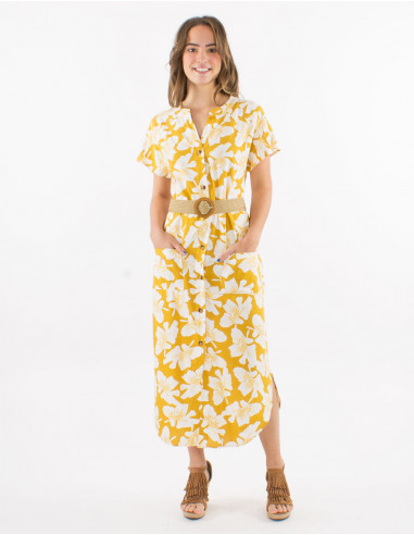 70% viscose 30% linen coquelicot print long dress with buttons and short sleeves