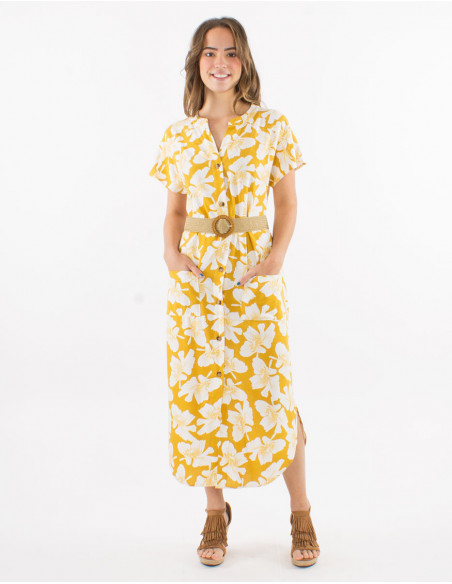 70% viscose 30% linen coquelicot print long dress with buttons and short sleeves