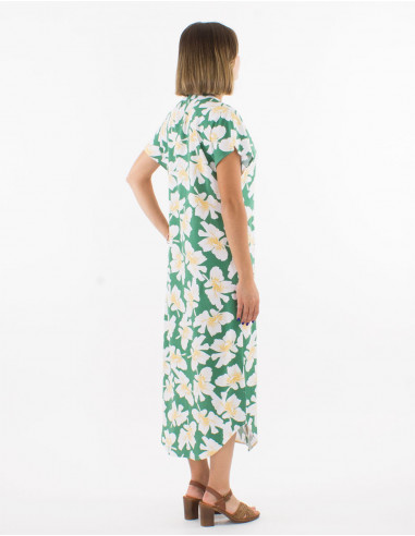 70% viscose 30% linen coquelicot print long dress with buttons and short sleeves