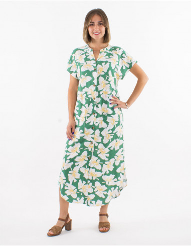 70% viscose 30% linen coquelicot print long dress with buttons and short sleeves