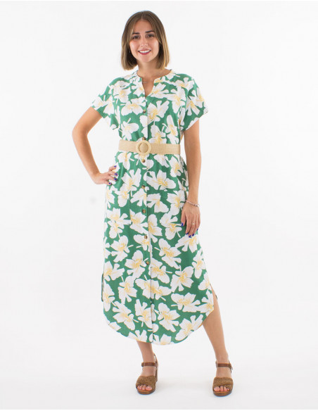 70% viscose 30% linen coquelicot print long dress with buttons and short sleeves