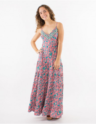 Long polyester dress with straps and "sari" print