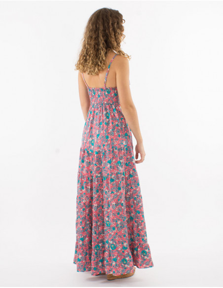 Long polyester dress with straps and "sari" print